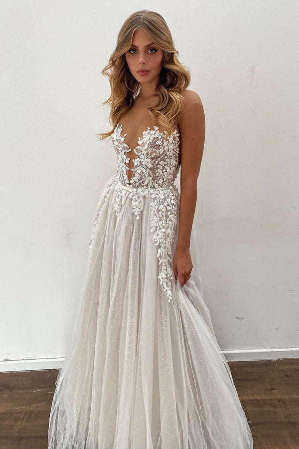 Gorgeous Sheer A-line Floor Length Wedding Dress with Tulle Appliques-Wedding Dresses-BallBride