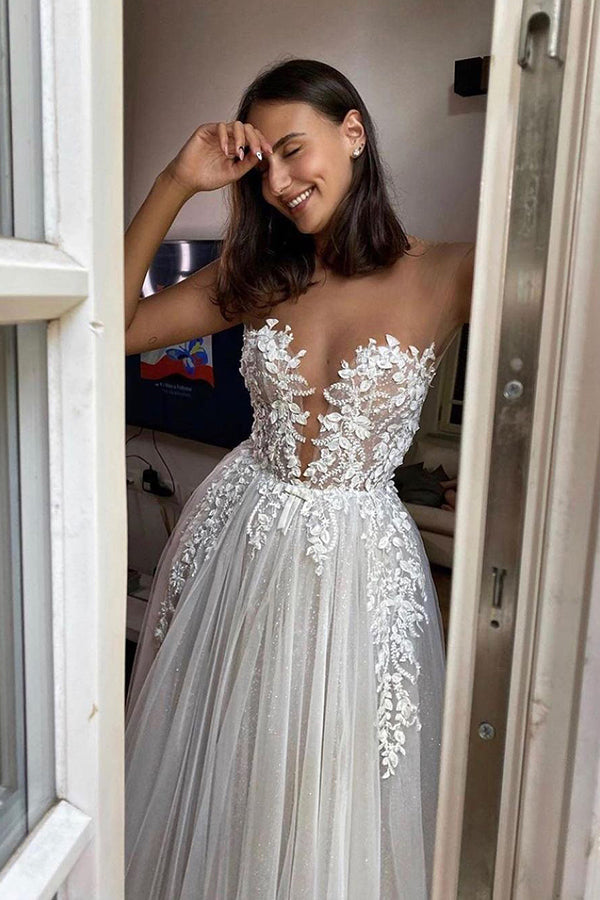 Gorgeous Sheer A-line Floor Length Wedding Dress with Tulle Appliques-Wedding Dresses-BallBride