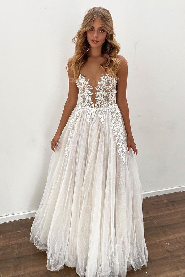 Gorgeous Sheer A-line Floor Length Wedding Dress with Tulle Appliques-Wedding Dresses-BallBride