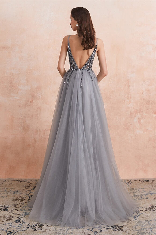 Gorgeous Silver Grey V-Neck Prom Dress with Tulle Split and Beads-Occasion Dress-BallBride