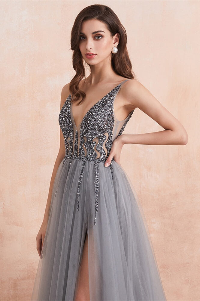 Gorgeous Silver Grey V-Neck Prom Dress with Tulle Split and Beads-Occasion Dress-BallBride