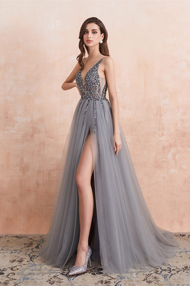 Gorgeous Silver Grey V-Neck Prom Dress with Tulle Split and Beads-Occasion Dress-BallBride