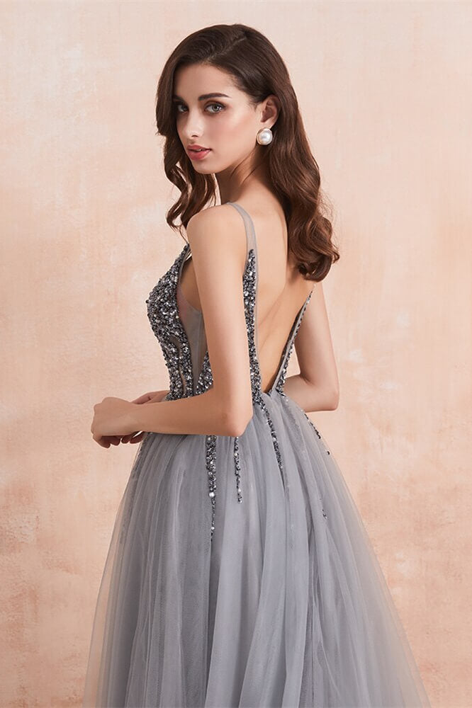 Gorgeous Silver Grey V-Neck Prom Dress with Tulle Split and Beads-Occasion Dress-BallBride