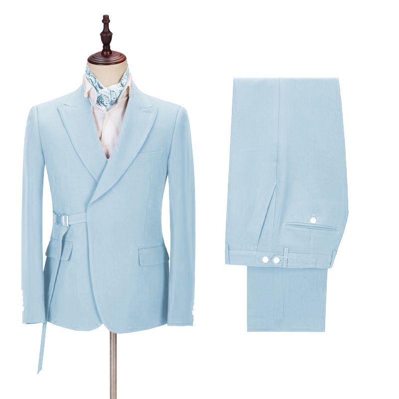 Gorgeous Sky Blue Best Wedding Suits For Men | Peaked Lapel With Adjustable Buckle-Prom Suits-BallBride