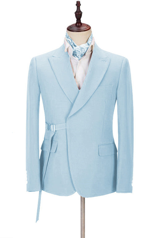 Gorgeous Sky Blue Best Wedding Suits For Men | Peaked Lapel With Adjustable Buckle-Prom Suits-BallBride