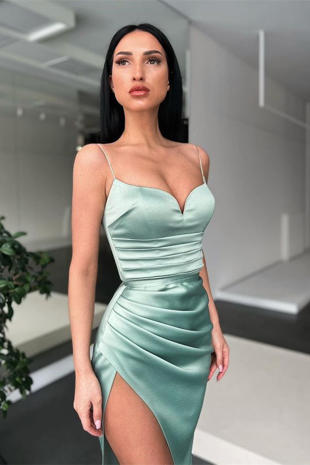 Gorgeous Spaghetti-Straps Dusty Sage Mermaid Prom Dress with Slit-Occasion Dress-BallBride