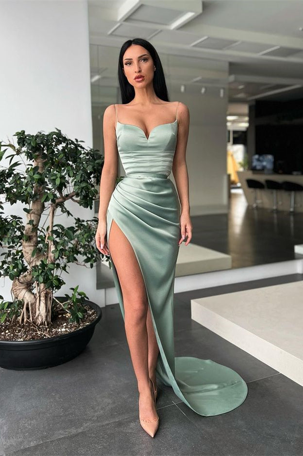 Gorgeous Spaghetti-Straps Dusty Sage Mermaid Prom Dress with Slit-Occasion Dress-BallBride