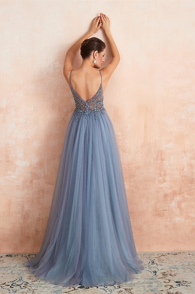 Gorgeous Spaghetti-Straps V-Neck Prom Dress with Beadings, Split Tulle, and Long Open Back-Occasion Dress-BallBride