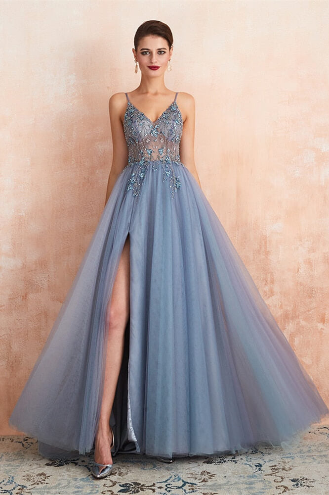 Gorgeous Spaghetti-Straps V-Neck Prom Dress with Beadings, Split Tulle, and Long Open Back-Occasion Dress-BallBride