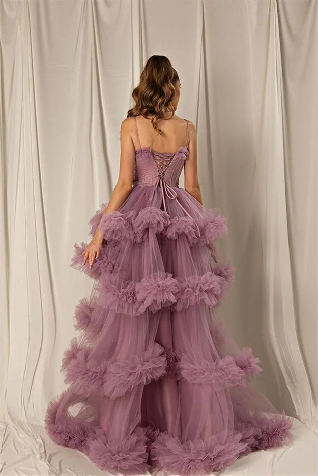 Gorgeous Spaghetti-Straps Wisteria Evening Dress Tulle Layered Lace-up Back-BallBride