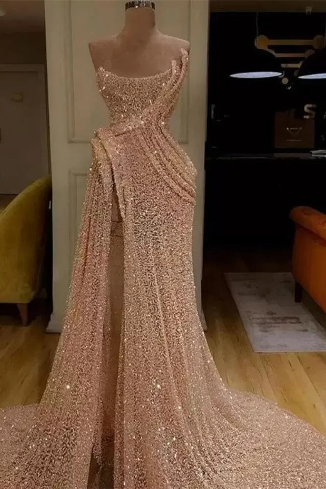 Gorgeous Strapless Sequins Prom Dress Long Evening Party Gowns With Slit-Occasion Dress-BallBride