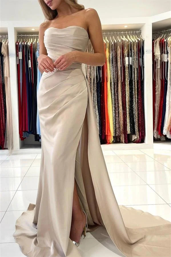 Gorgeous Strapless Sleeveless Mermaid Evening Dress Slit With Ruffles-BallBride