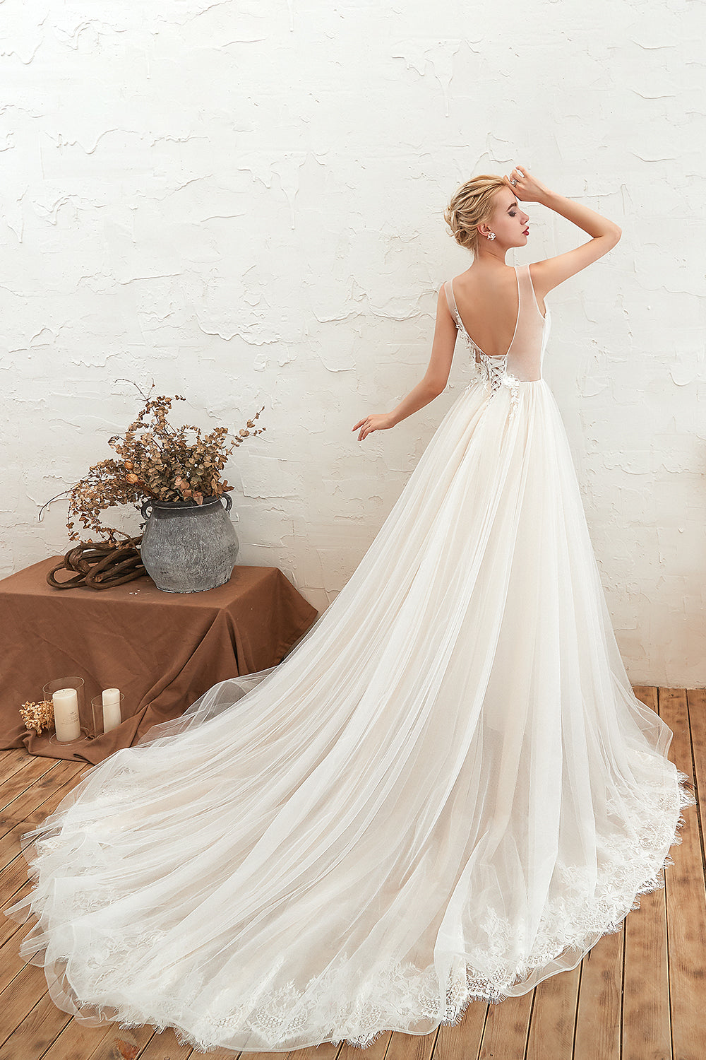 Gorgeous Straps Deep V-Neck Wedding Dress with Tulle-Wedding Dresses-BallBride