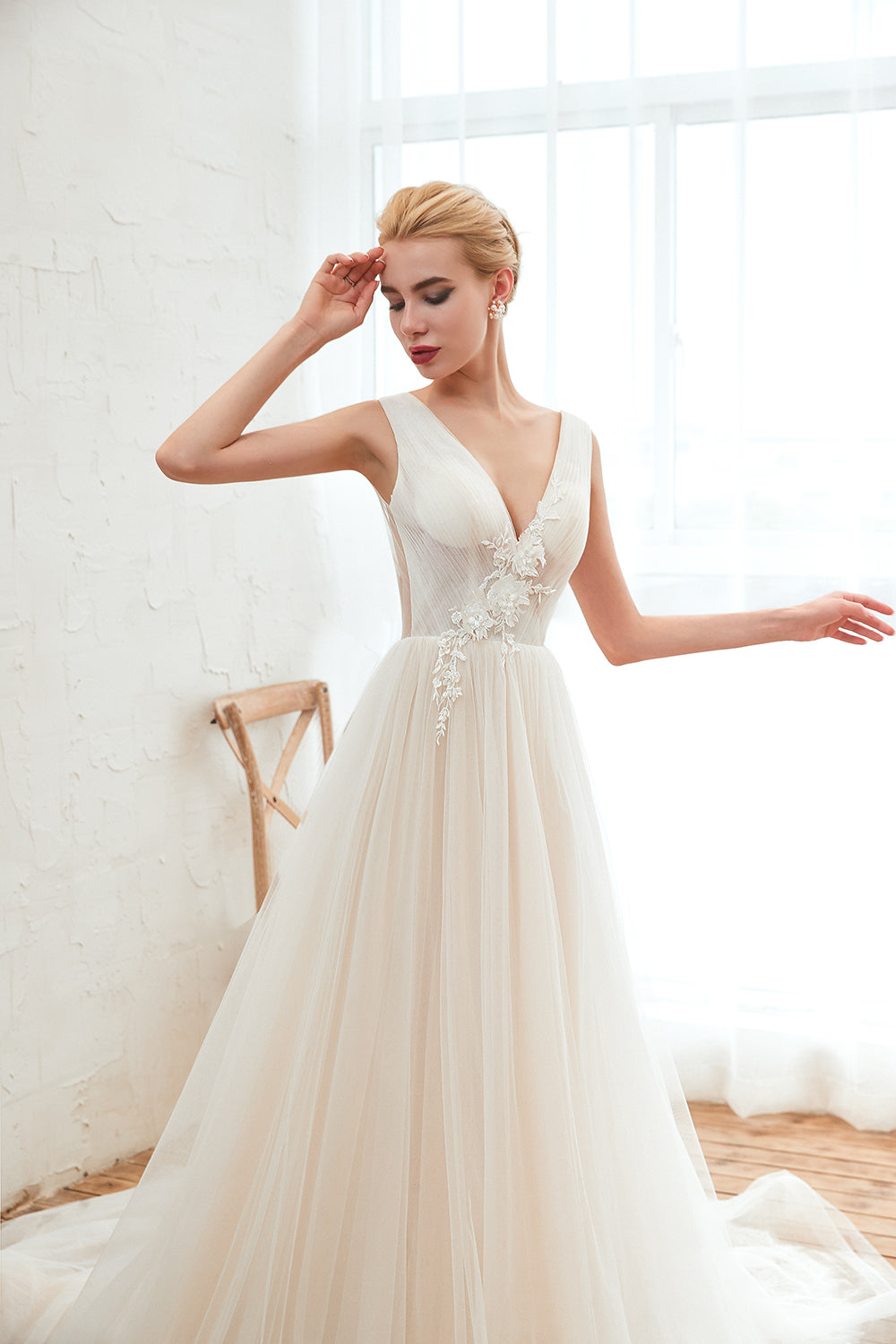 Gorgeous Straps Deep V-Neck Wedding Dress with Tulle-Wedding Dresses-BallBride