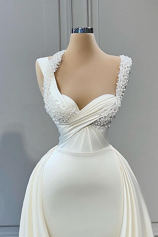 Gorgeous Straps Sweetheart Mermaid Wedding Gowns with Pearls Overskirt-Wedding Dresses-BallBride