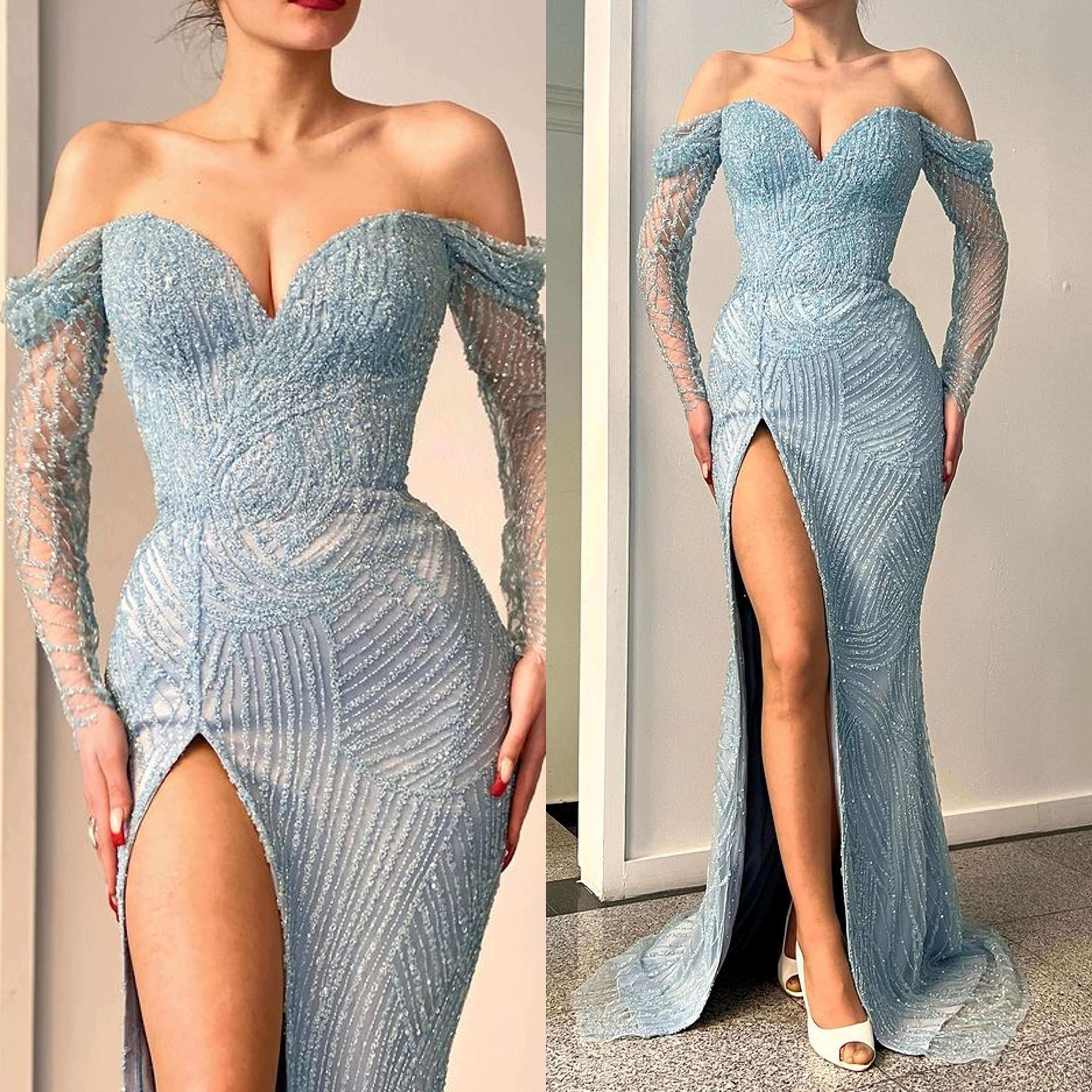 Gorgeous Sweetheart Mermaid Evening Dress with Beadings and Off-the-shoulder Long Sleeves-Evening Dresses-BallBride