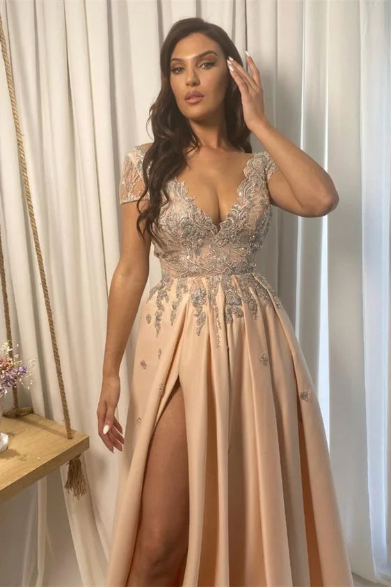 Gorgeous V-Neck Short Sleeves Evening Dress Long Slit With Appliques-BallBride