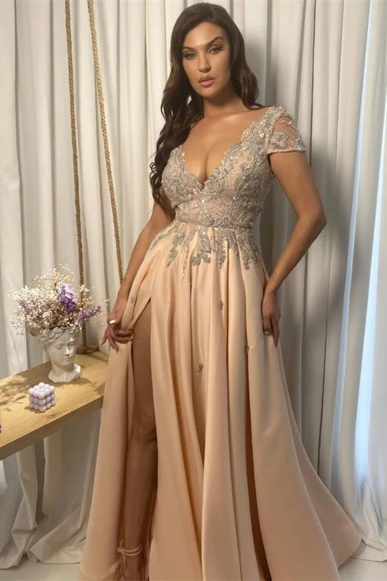 Gorgeous V-Neck Short Sleeves Evening Dress Long Slit With Appliques-BallBride