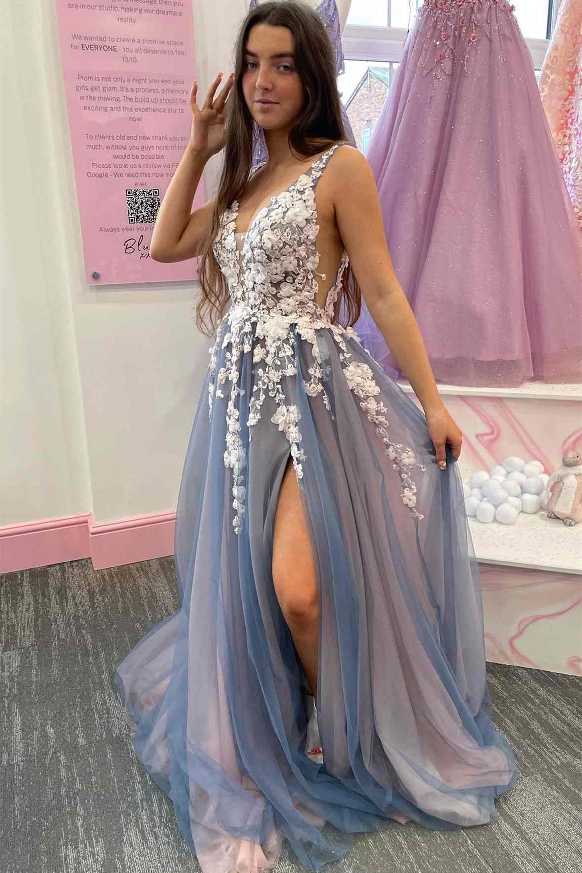 Gorgeous V-Neck Sleeveless A-line Prom Dress With Split & Appliques-Occasion Dress-BallBride