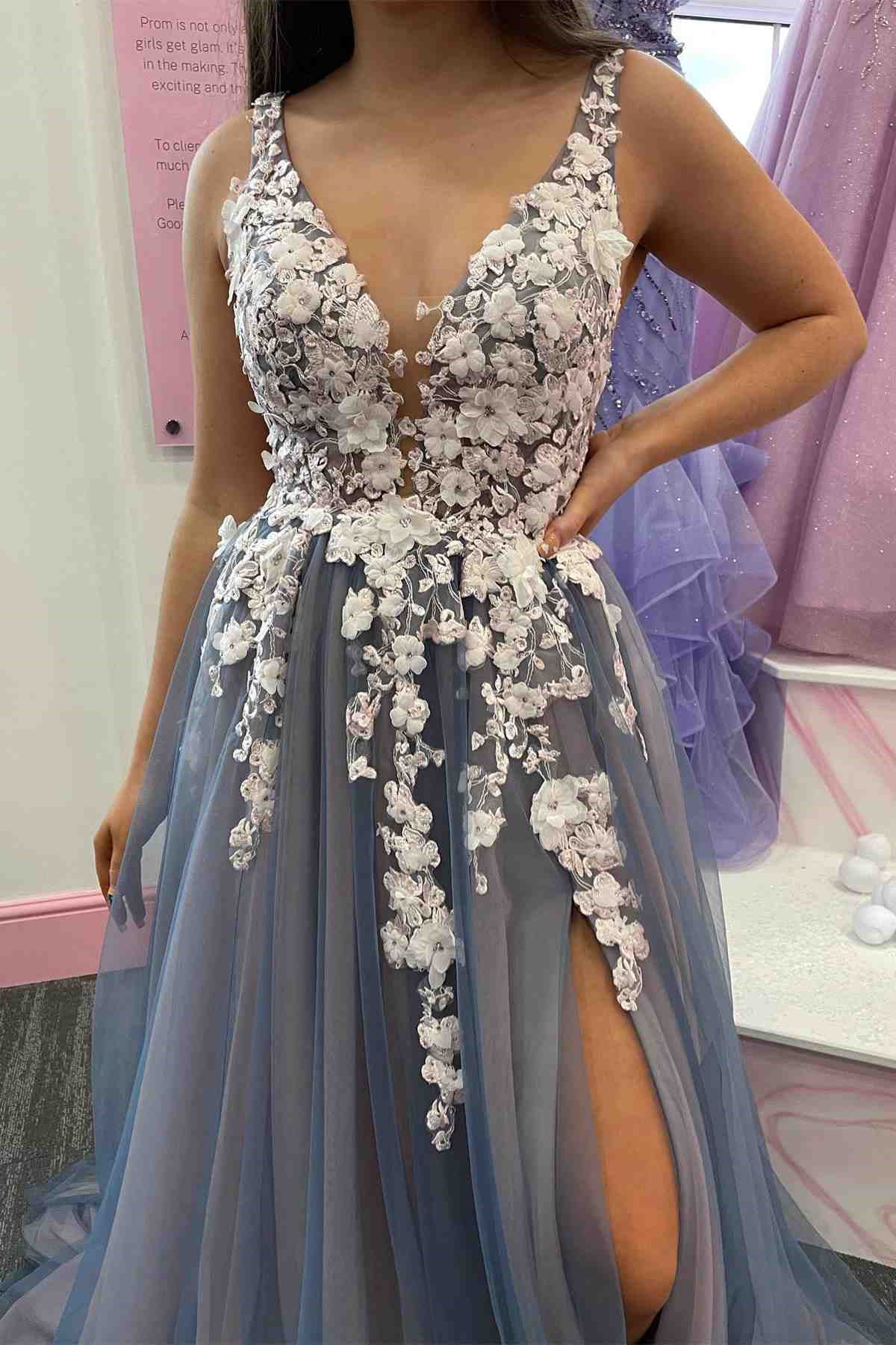 Gorgeous V-Neck Sleeveless A-line Prom Dress With Split & Appliques-Occasion Dress-BallBride