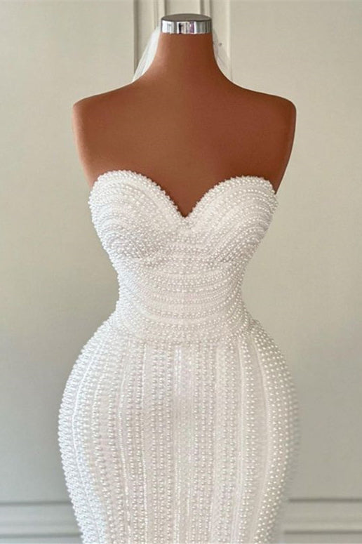 Gorgeous White Sweetheart Mermaid Wedding Gowns with Pearls-Wedding Dresses-BallBride