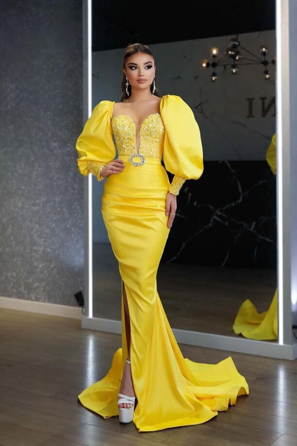 Gorgeous Yellow Long Sleeves Mermaid Evening Dress Split with Sequin Beads-Occasion Dress-BallBride