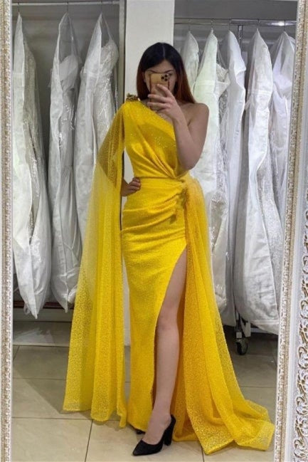 Gorgeous Yellow One-Shoulder Prom Dress with Ruffles and Mermaid Split-Occasion Dress-BallBride