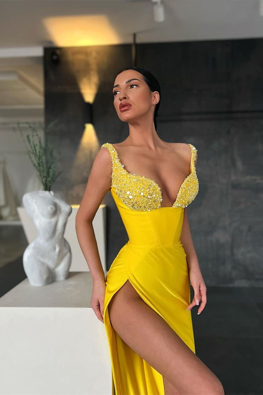 Gorgeous Yellow Sequins Mermaid Prom Dress with Slit-Occasion Dress-BallBride