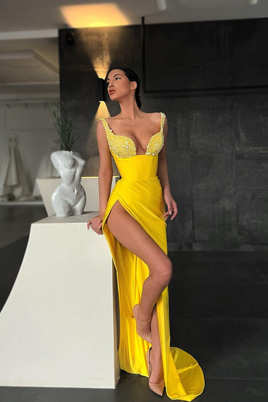 Gorgeous Yellow Sequins Mermaid Prom Dress with Slit-Occasion Dress-BallBride