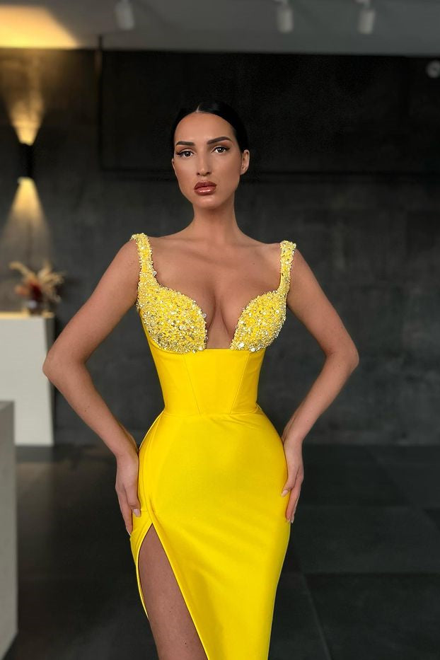 Gorgeous Yellow Sequins Mermaid Prom Dress with Slit-Occasion Dress-BallBride