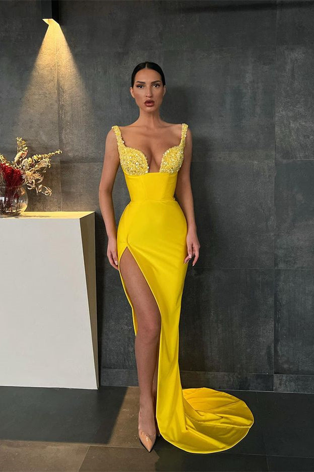 Gorgeous Yellow Sequins Mermaid Prom Dress with Slit-Occasion Dress-BallBride