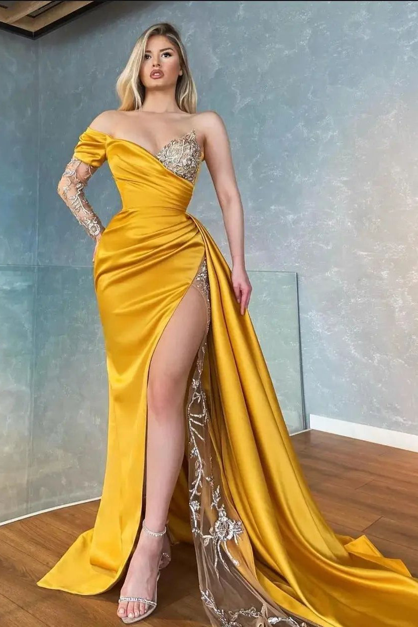 Gorgeous Yellow Sweetheart Long Sleeve Split Mermaid Appliques Prom Dress-BallBride