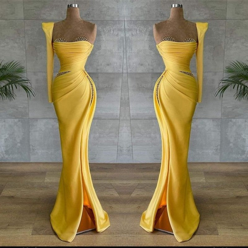 Gorgeous Yellow Sweetheart Mermaid Prom Dress with Beads Split-Occasion Dress-BallBride