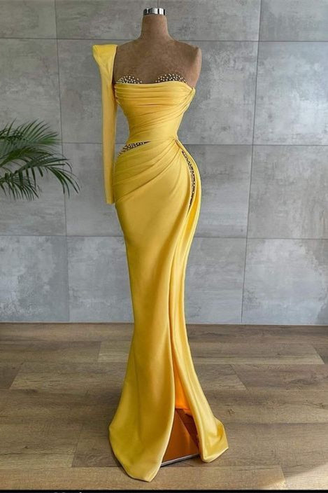 Gorgeous Yellow Sweetheart Mermaid Prom Dress with Beads Split-Occasion Dress-BallBride