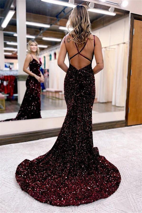 Grad Party Ready: Blue Mermaid Evening Dress with Red & Black Open Back-Evening Dresses-BallBride