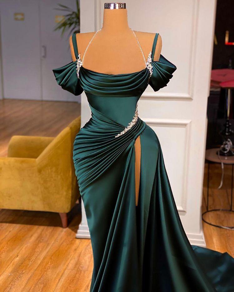 Green Chic Off-the-Shoulder Prom Dress with Long Slit-BallBride