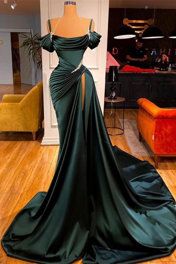 Green Chic Off-the-Shoulder Prom Dress with Long Slit-BallBride