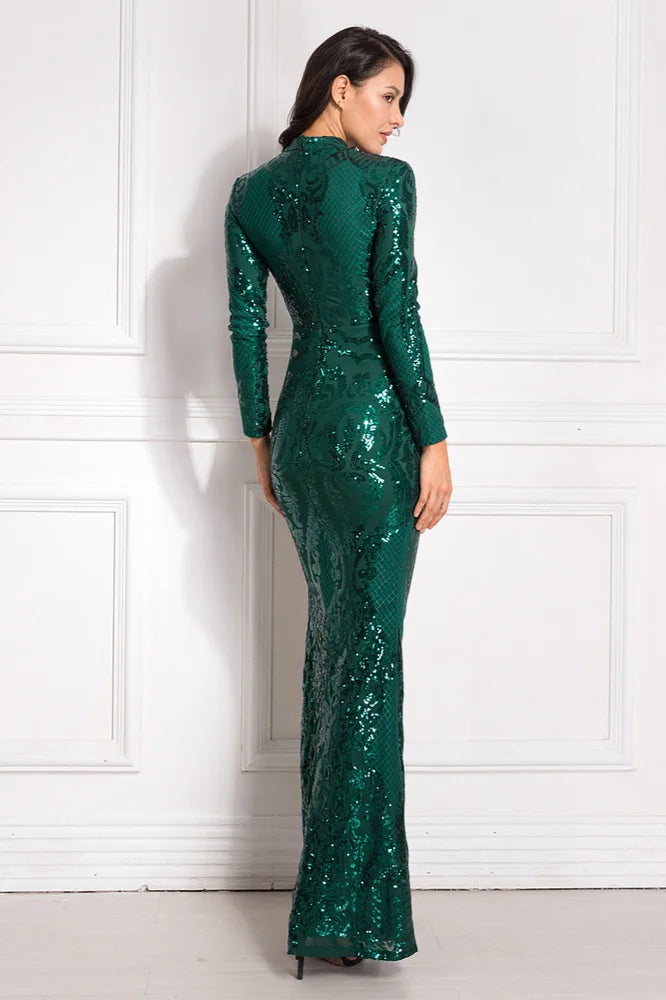 Green Long Sleeve Sequins Evening Gowns Mermaid Long Prom Dress With Slit-BallBride