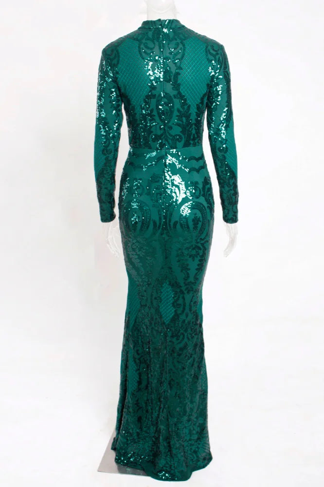 Green Long Sleeve Sequins Evening Gowns Mermaid Long Prom Dress With Slit-BallBride