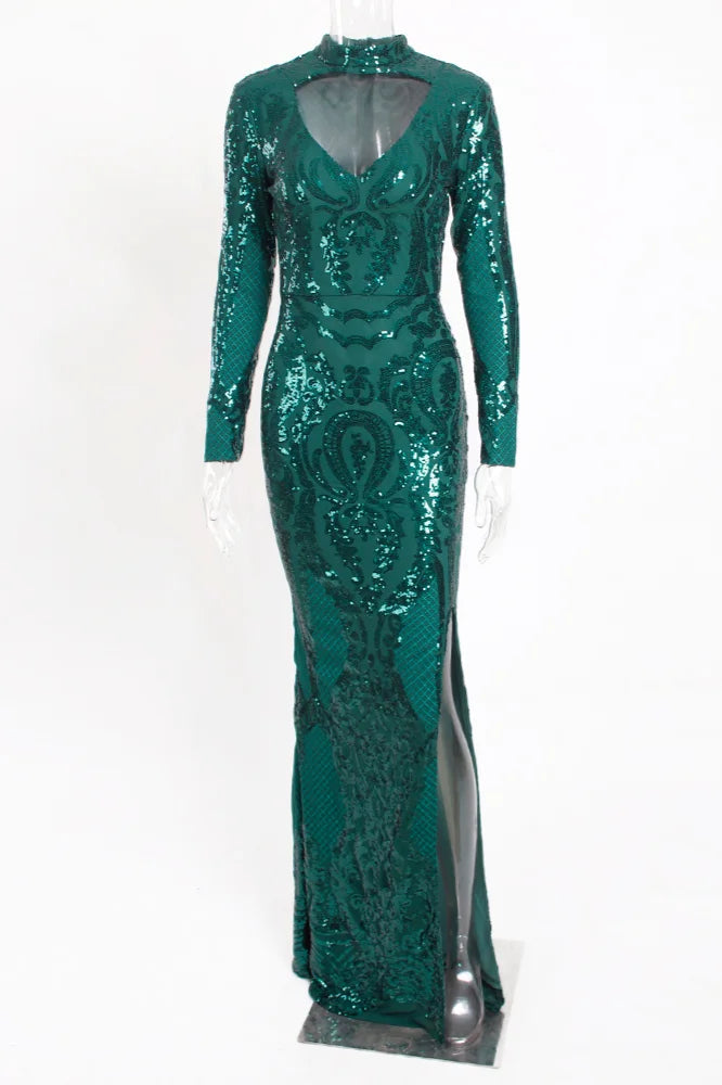 Green Long Sleeve Sequins Evening Gowns Mermaid Long Prom Dress With Slit-BallBride