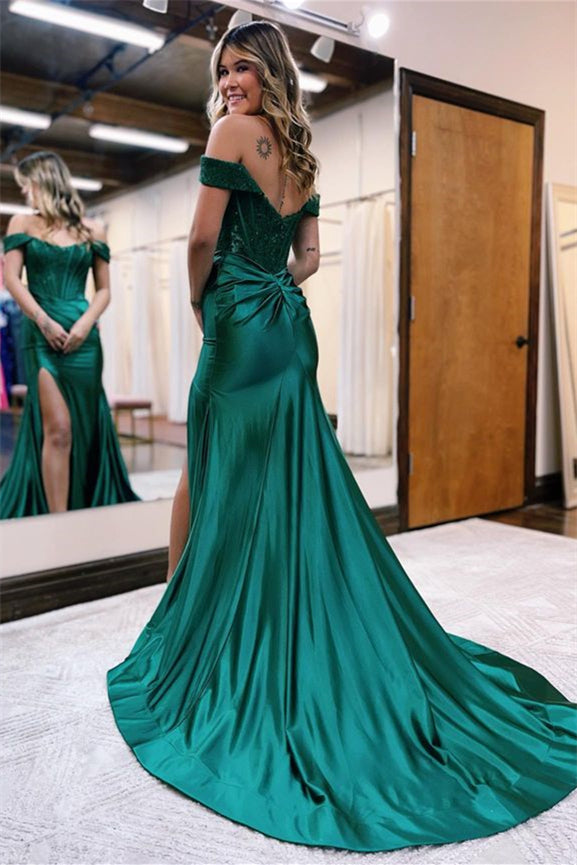 Green Off-The-Shoulder Mermaid Evening Dress with Split-Evening Dresses-BallBride