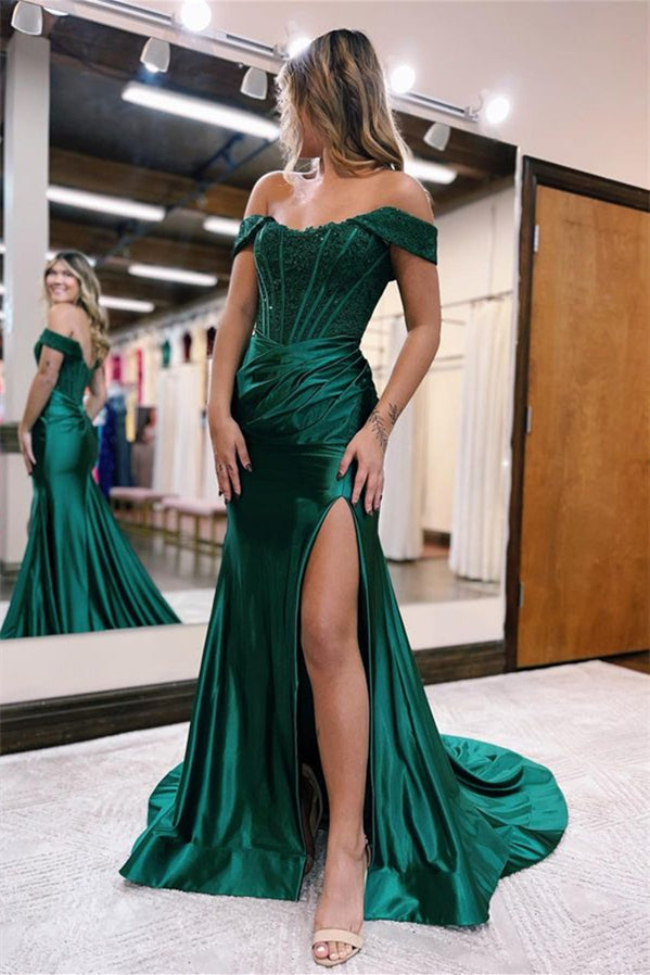 Green Off-The-Shoulder Mermaid Evening Dress with Split-Evening Dresses-BallBride