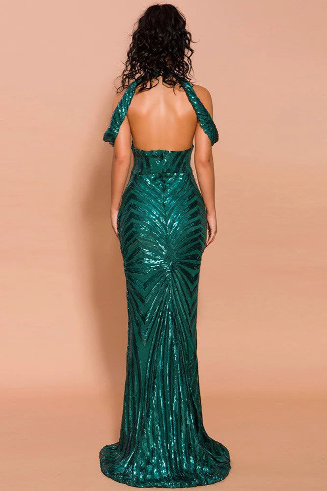 Green Sequins Halter Prom Dress Mermaid Long Evening Party Gowns-BallBride