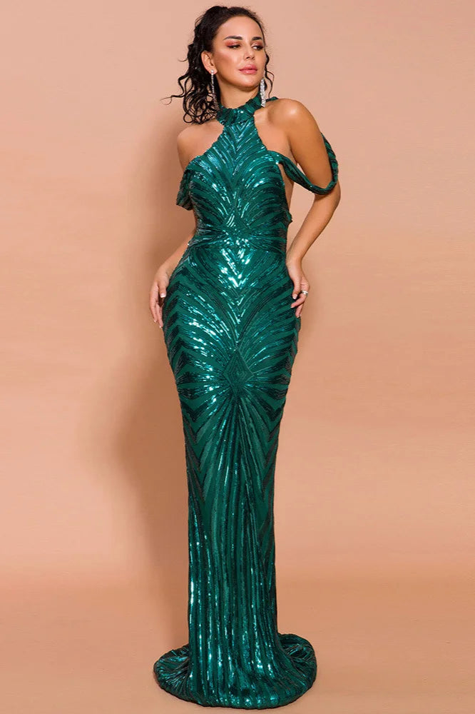Green Sequins Halter Prom Dress Mermaid Long Evening Party Gowns-BallBride