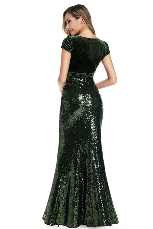 Green Velvet Mermaid Prom Dresses with Short Sleeves-Occasion Dress-BallBride