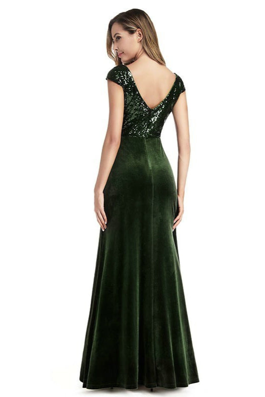 Green Velvet Mermaid Prom Dresses with Short Sleeves-Occasion Dress-BallBride