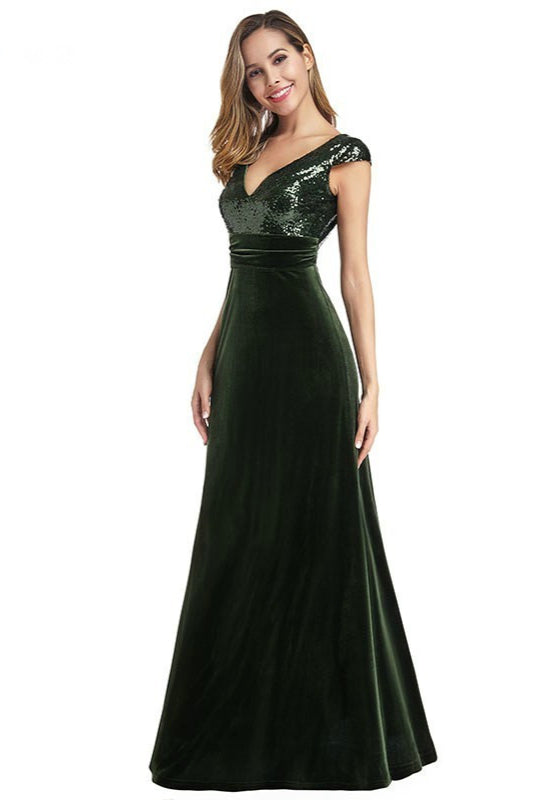 Green Velvet Mermaid Prom Dresses with Short Sleeves-Occasion Dress-BallBride