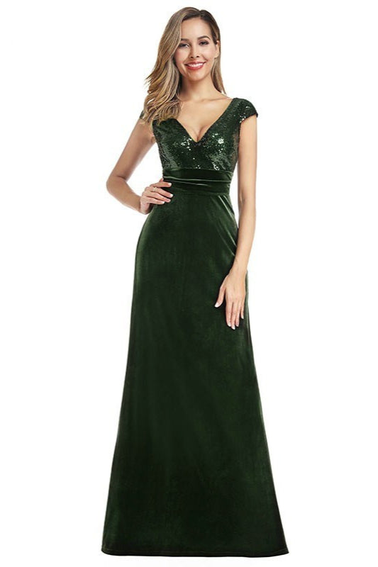 Green Velvet Mermaid Prom Dresses with Short Sleeves-Occasion Dress-BallBride