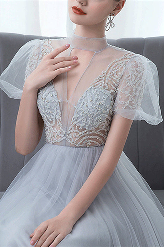 Grey Tulle Evening Dress with Bowknot and High Collar Appliques-Evening Dresses-BallBride
