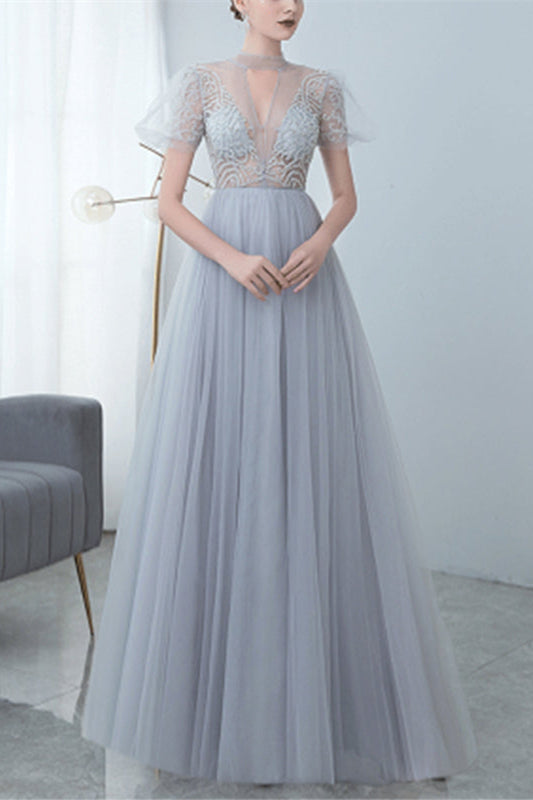 Grey Tulle Evening Dress with Bowknot and High Collar Appliques-Evening Dresses-BallBride